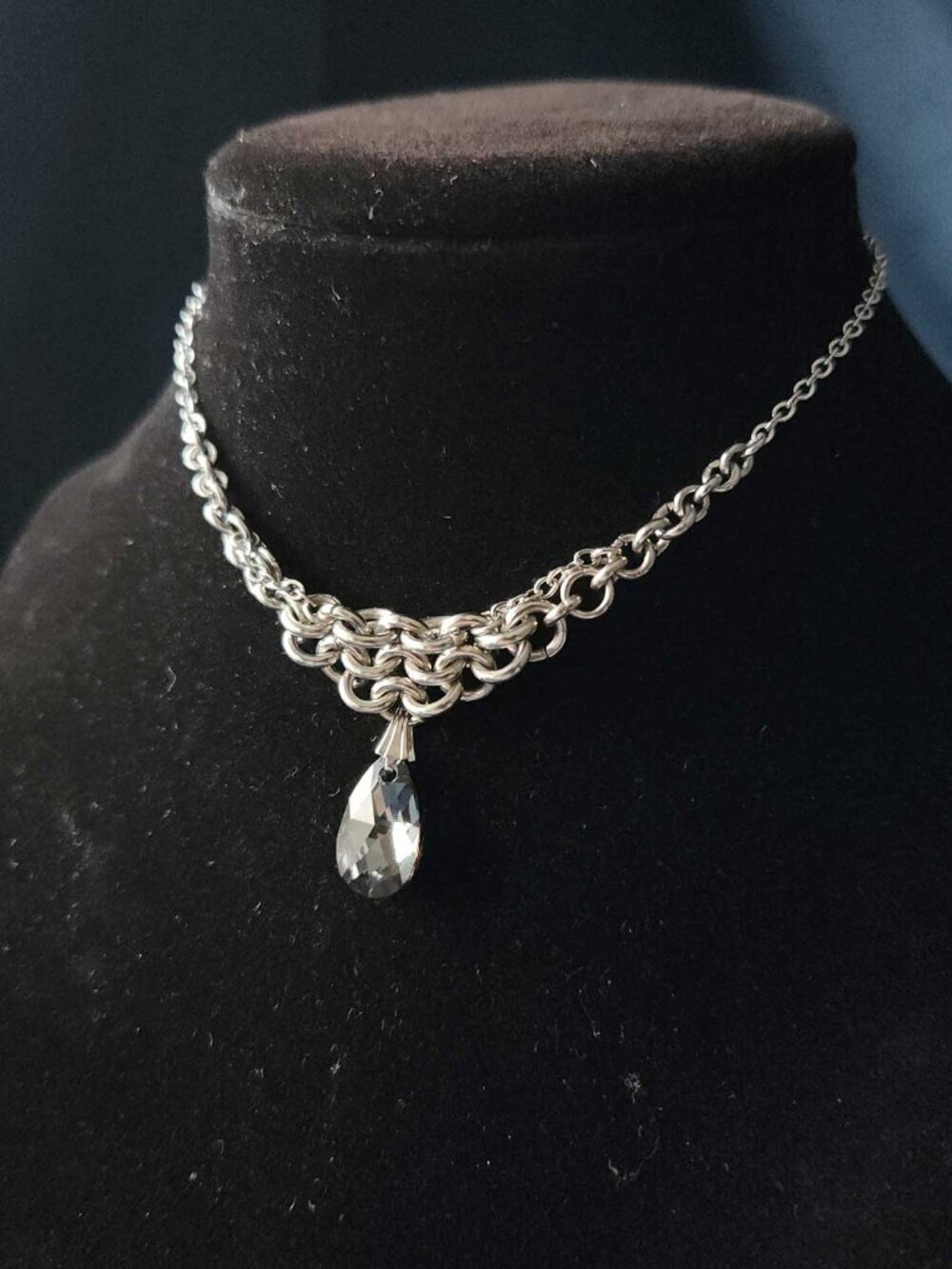 Gothic Victorian style black crystal choker necklace with a small silver chain